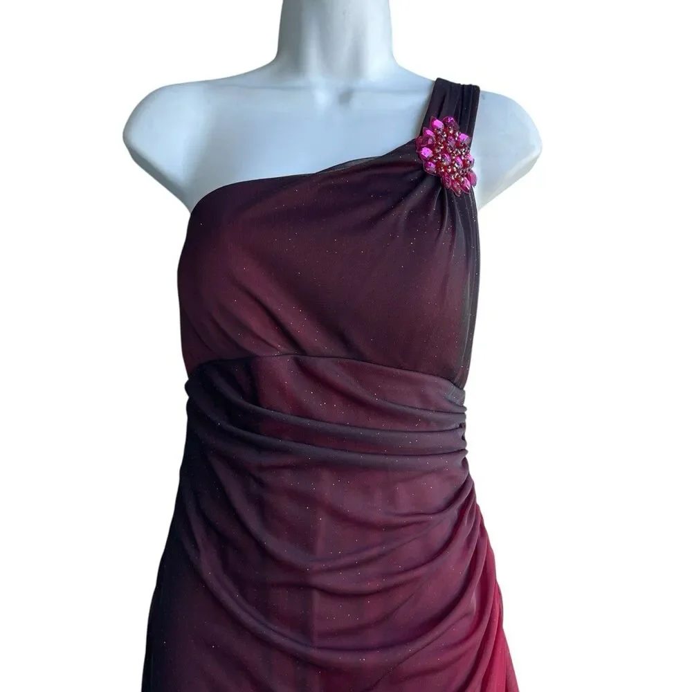 Vtg Blondie Nites Gothic Gown Red Black Ombre One Shoulder Grunge Dress Size 11